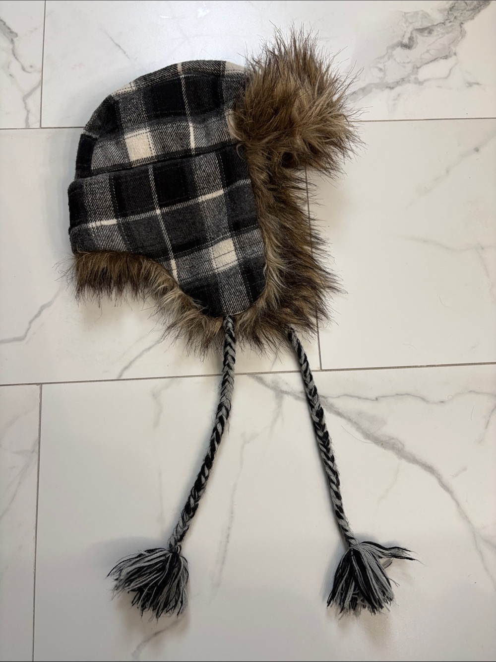 Men’s Plaid Faux Fur Trapper Hat - Black and Gray